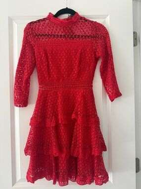 Red Lace Tiered Midi Dress